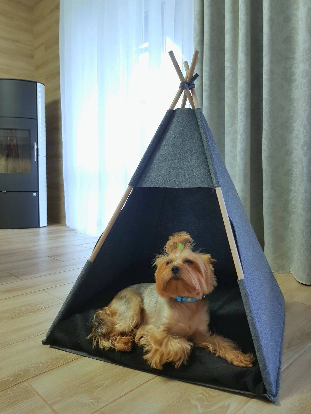 Dog Teepee bed puppy, Tent Gray Blacksoft eco friendly felt of strong form cozy place to relax Set with soft pillow Pets Bed For dog cats