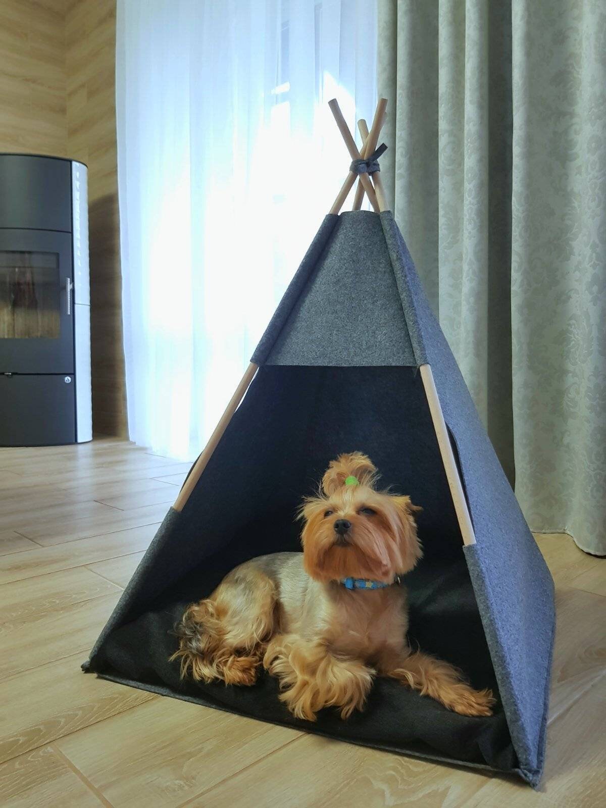 Dog Teepee bed puppy, Tent Gray Blacksoft eco friendly felt of strong form cozy place to relax  Set with soft pillow Pets Bed  For dog cats
