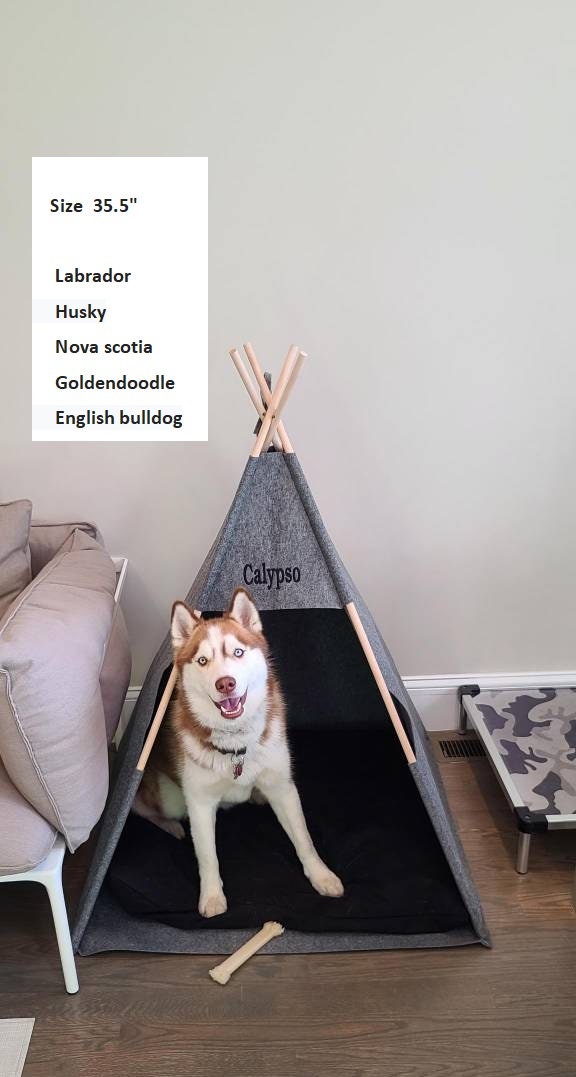 XL Bed Pets 39"Teepee for Big Dogs, large dogs tent, Personalized Teepee Pet husky dogs bed indoor kennel house grey puppy pet bed Name