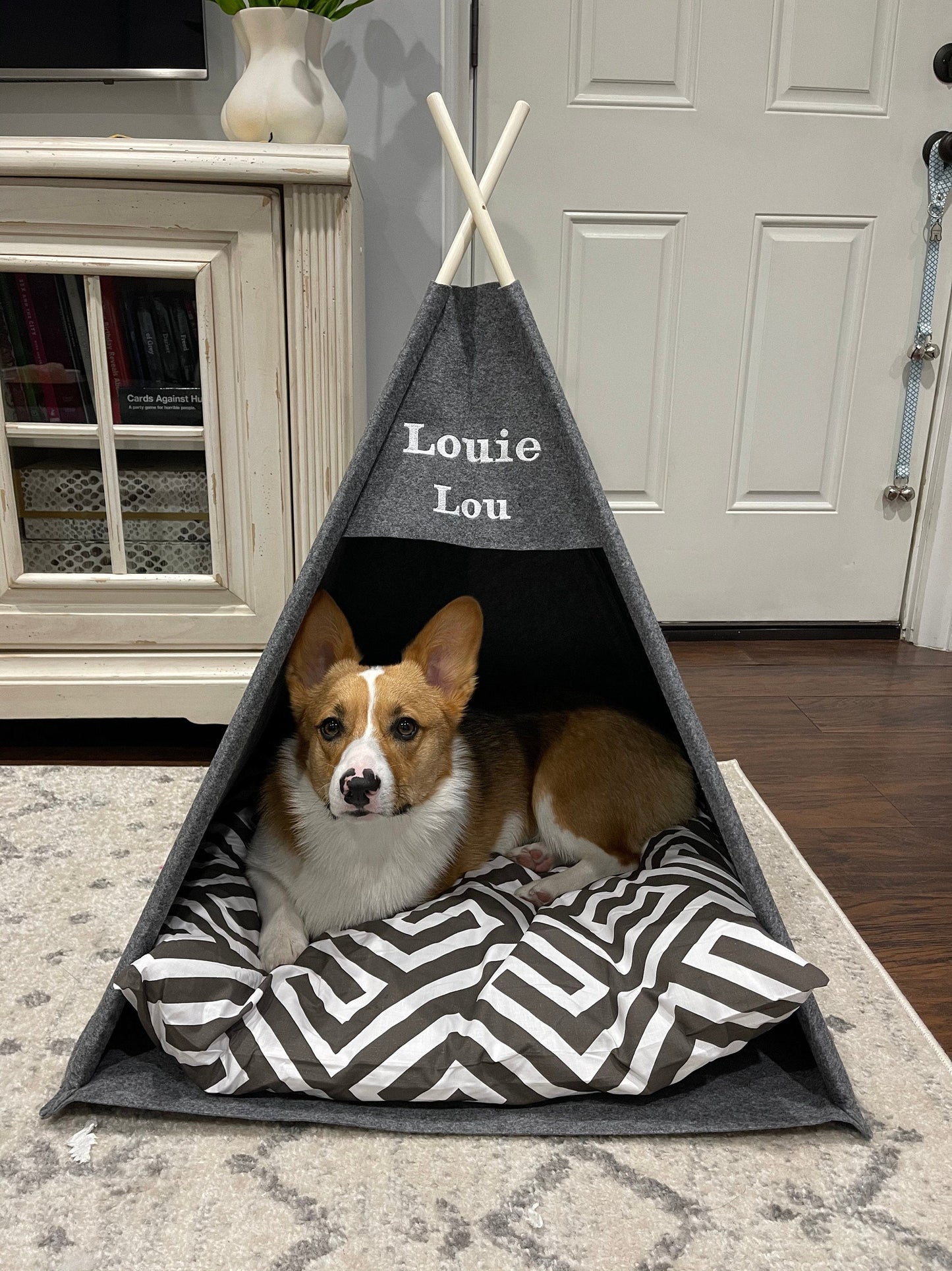 Pet bed, Teepee dog house Puptent, Grey soft eco-friendly felt of a strong form cozy place relax, personalized corgi, Pets dog cat rabbit